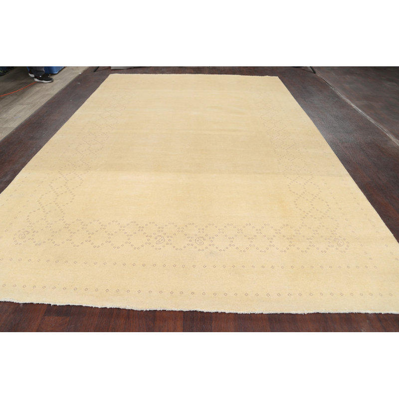 Tapis décoratif beige en laine noué à la main de conception unique 8 pi 4 po x 12 pi 3 po noué à la main New Age