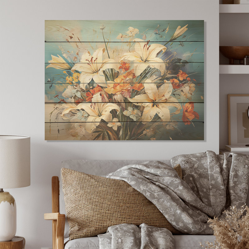 Charme de campagne de lys bleus et blancs - fleurs, art mural sur bois de pin naturel, H 30 po x l 40 po