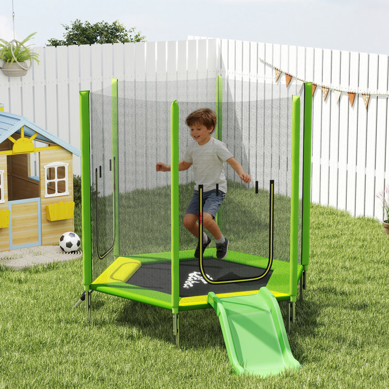 Trampoline 85 po pour enfants avec glissoire, échelle et enclos de sécurité, vert