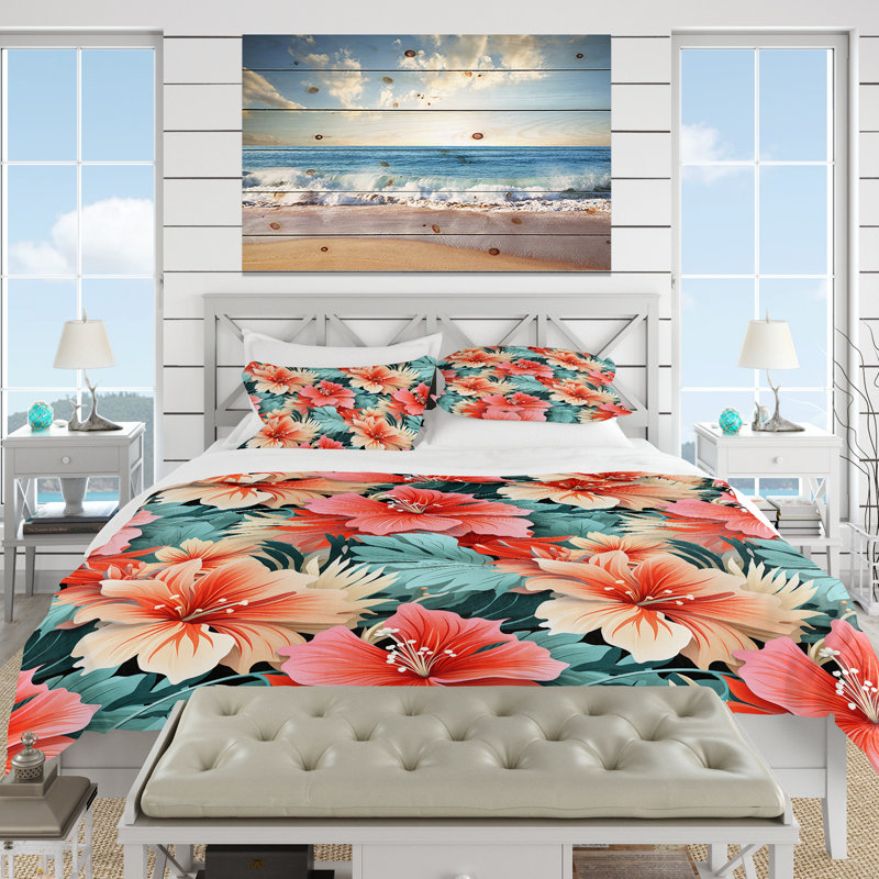 Coral Mirage Vi Tropical Pattern Floral Duvet Cover, King Duvet Cover + 2 King Shams