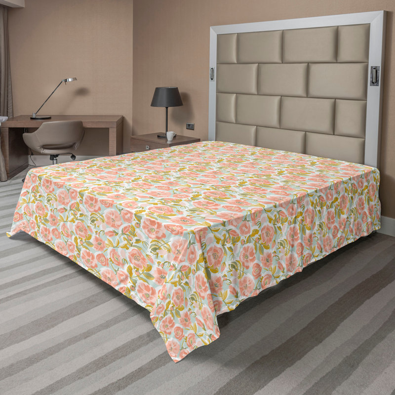 Drap plat moderne de style bohème Ambesonne, Saumon / jaune terre / motif floral blanc 2