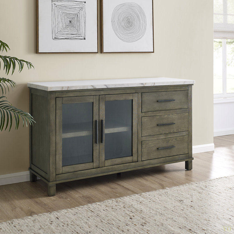 Buffet multi-usages en marbre et en verre trempé - avec tablettes réglables et longues pour un rangement polyvalent
