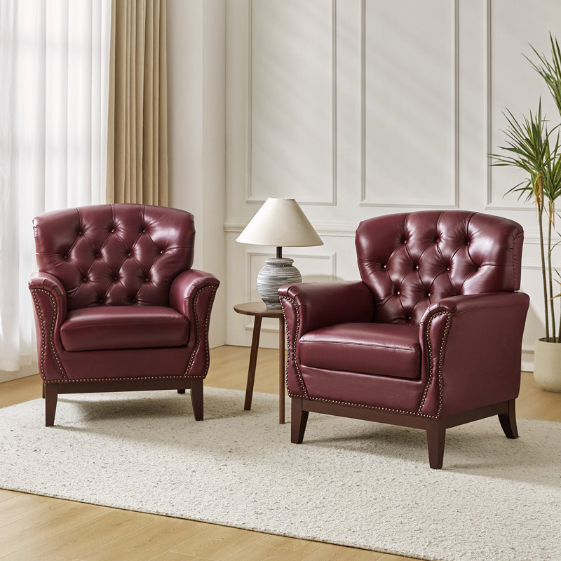 Dilane Traditional Genuine Leather Armchair with Solid Wood Legs, Burgundy Genuine Leather