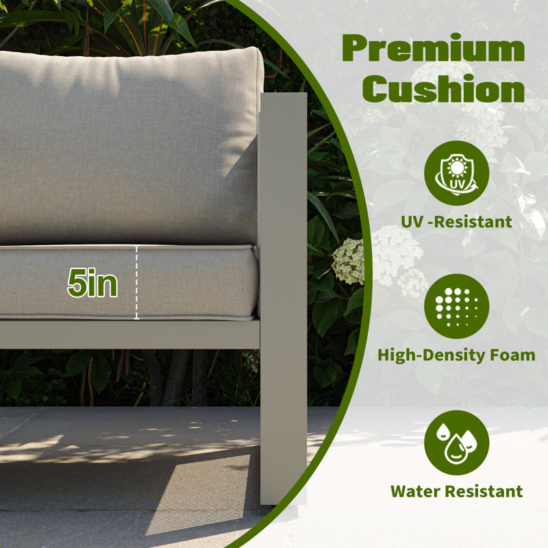 Ensemble de conversation pour patio 7 personnes avec coussins Harloe, avec cordon décoratif, Coussin beige / structure grise