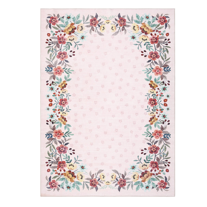  Washable Floral Area Rug 9x12ft – Low-Pile, Non-Slip Carpet for Living Room, Bedroom, Dining Room and Home Office – Home Decor, Pink