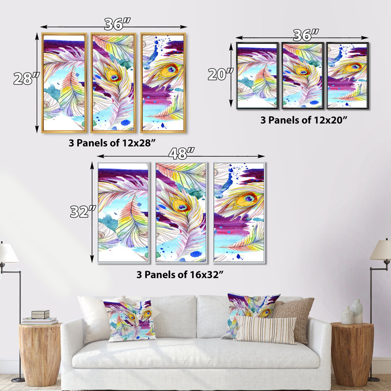 «Bright and Colorful Boho Feathers I», ensemble de 3 reproductions d'art sur toile encadrées bohémiennes, Noir