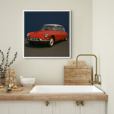 Vintage Red Car Wall Art - Retro Classic Automobile Print on Deep Blue Background, Framed Statement Piece for Garage or Modern Space