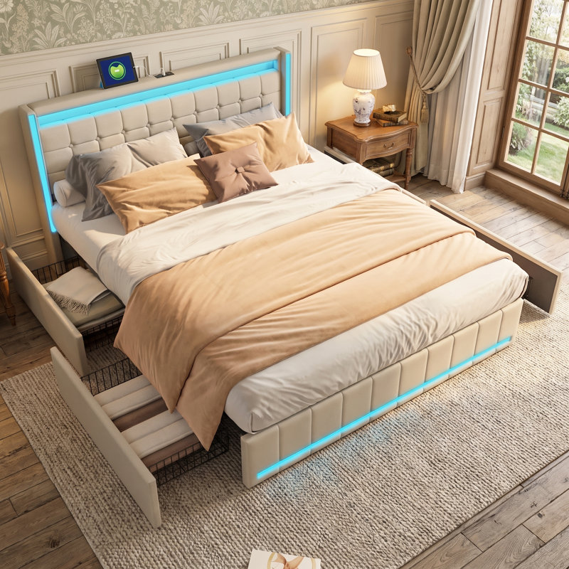 Upholstered Double Bed Frame With 4 Storage Drawers And Headboard, Platform Bed With LED And Charging Station, No Mattress, (Linen)