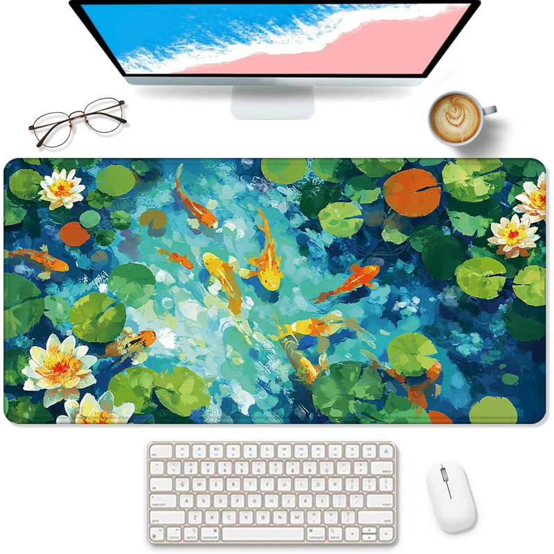 Tapis de souris de bureau grand format à motif de carpes koï japonaises, inspiré d'un étang de nénuphars asiatiques, idéal pour les jeux vidéo, antidérapant, pour le travail à domicile ou au bureau, 40 x 90 cm.