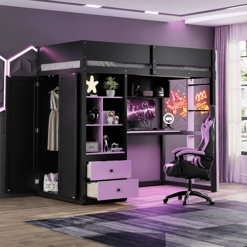 Lit mezzanine simple en bois massif avec bureau, armoire de rangement et penderie, bande lumineuse DEL, ports de chargement USB, noir et violet