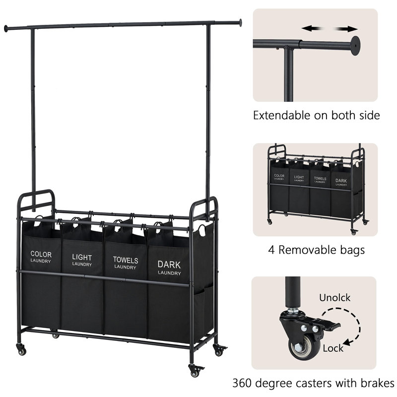Black Metal Laundry Sorter Cart with Hanging Rack and Wheels