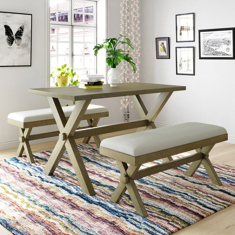 Ensemble de 3 tables de salle à manger en bois rustique avec 2 bancs rembourrés, Vert, Vert
