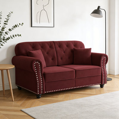 Beige/white 41.3'' Mid-century Modern Chesterfield Sofa - Velvet Upholstered With Nailhead Trim, Rolled Armrests, Button Tufted & 1 Included Pillow
