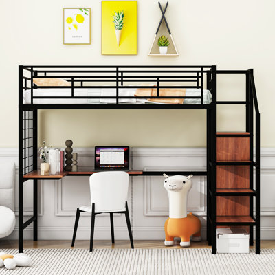 Full Size Metal Loft Bed With Desk And Metal Grid, Stylish Metal Frame Bed With Lateral Storage Ladder And Wardrobe by Mason & Marbles
