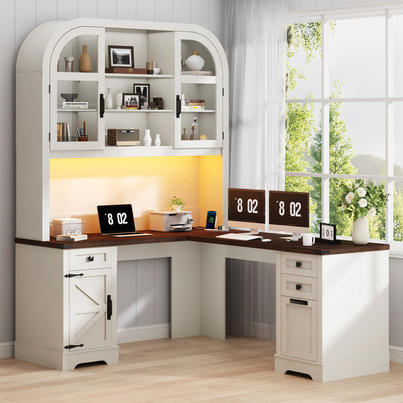 Bureau de direction en L, bureau d'ordinateur avec station de charge et bande lumineuse à DEL, Brown/White