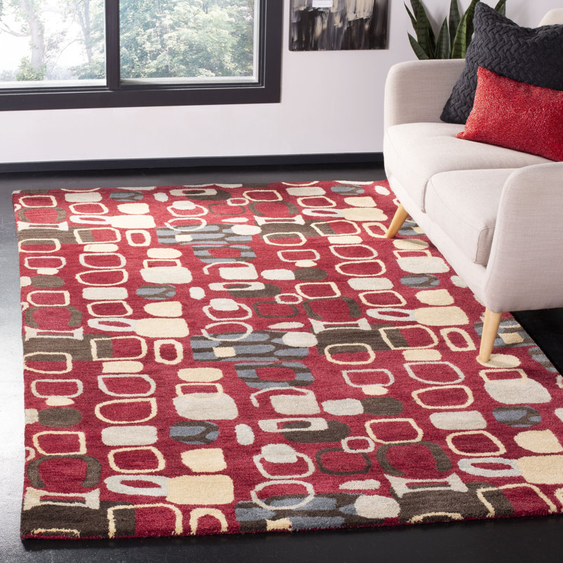 Tapis abstrait en laine / coton touffeté à la main Wyndham - rouge / noir / beige, Rectangle 5 pi x 8 pi