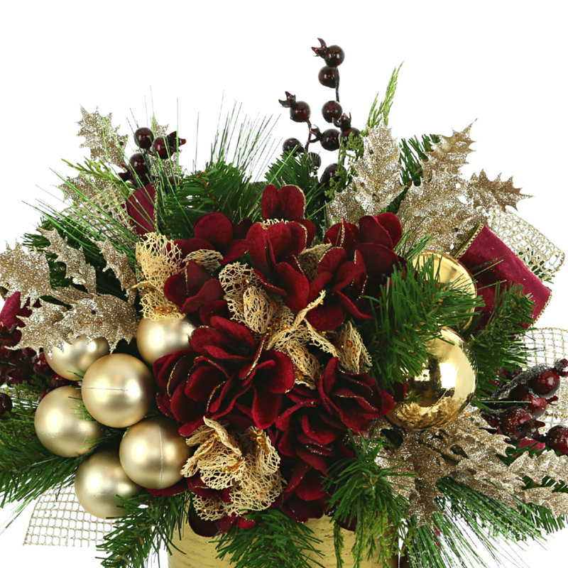 Holiday Arrangement with Hydrangeas, Ornaments and Berries