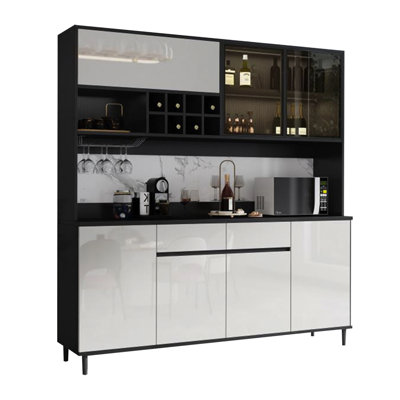 64.41" Black & White Light Luxury Sintered Stone Tall Sideboard, Multi-functional Wine & Tableware Tea Storage Cabinet for Living Room & Kitchen