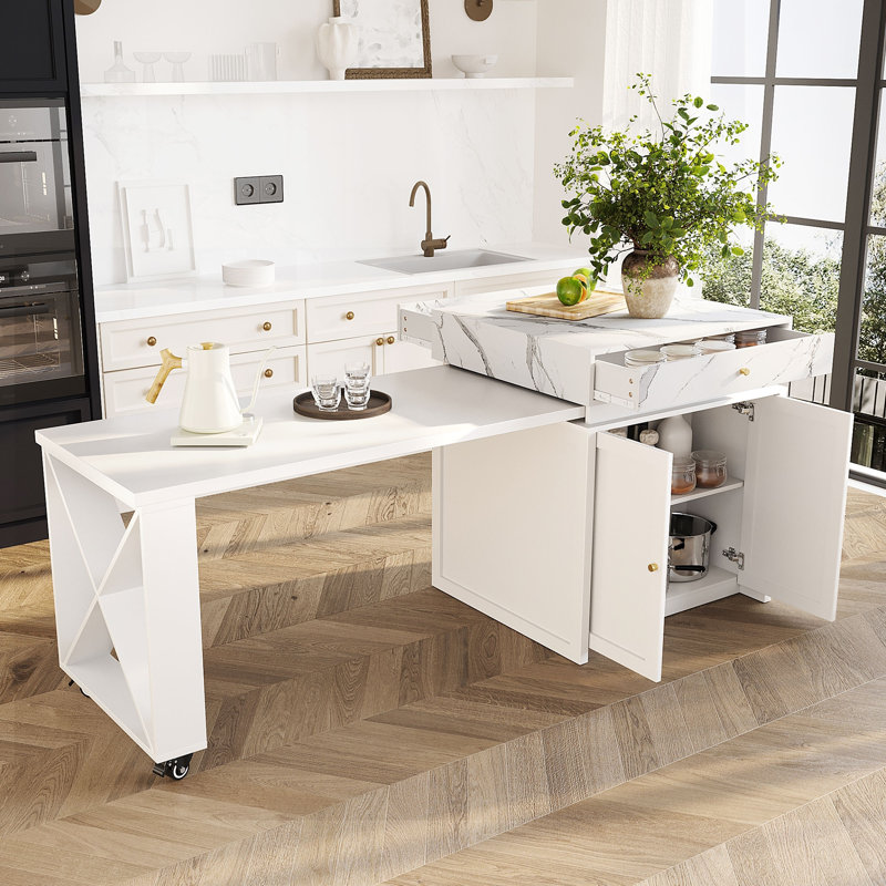 Table de salle à manger à hauteur de comptoir 82,67 po avec plateau extensible et rangement, imitation marbre et blanc ultrabrillant pour la cuisine et le bar à la maison Blanc