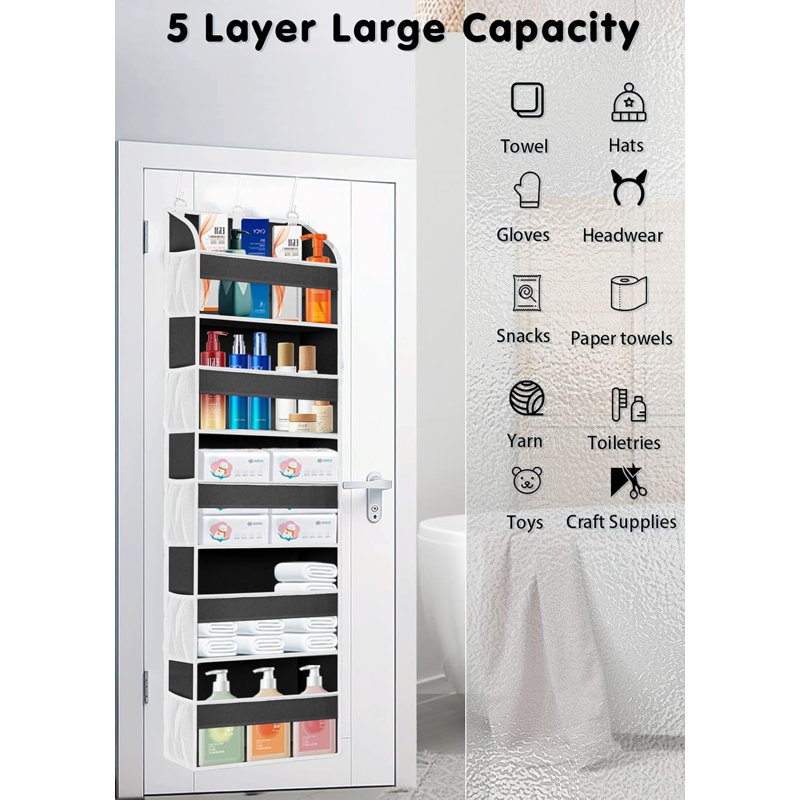 1 paquet de rangement de rangement au-dessus de la porte, armoire de rangement suspendue avec 5 grandes poches, 10 poches en filet, capacité de poids de 44 lb, rangement derrière la porte pour la chambre de la chambre de bébé (gris foncé)