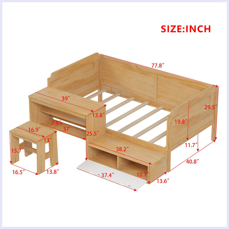 Wooden Twin Size Daybed with Storage Shelves Multi-functional Bed with Study Desk and Matching Stool, Natural