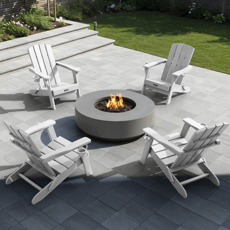 Ensemble de 4 fauteuils de jardin en PEHD pliant à texture bois avec porte-gobelet, Blanc