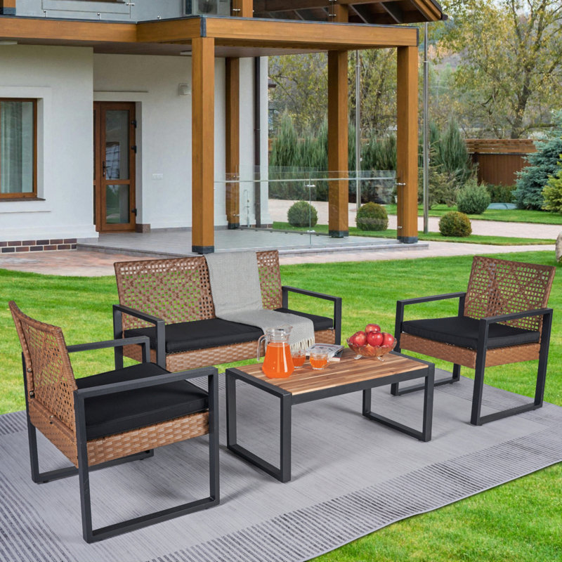 4-Piece Patio Furniture Set Outdoor Balcony Porch Garden Backyard Lawn Furniture Acacia Wood Table Top