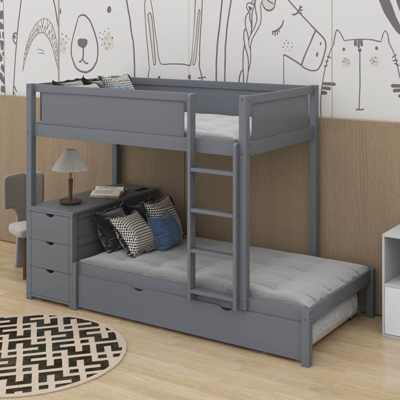 Twin Over Twin Bunk Bed With Trundle And Desk, Gray