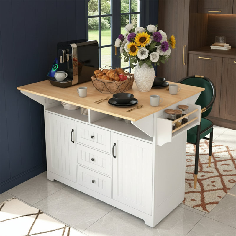  55 inch Rolling Kitchen Island with Double Drop Leaf, Large Mobile Kitchen Cart with Power Outlet and USB Ports, Folding Dining Table with 3 Drawers, White