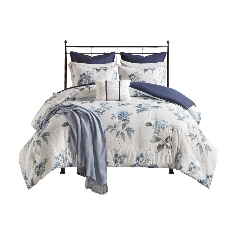7 Piece Seersucker Comforter , Blue Floral Design, Include Throw Style, Throw,, Full Comforter + 6 Additional Pieces
