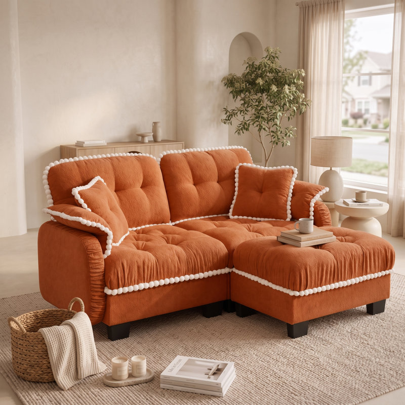Canapé nuage orange 2 places en chenille avec pouf amovible, coussins capitonnés et finitions à pompons, 2 Seat+1 Ottoman