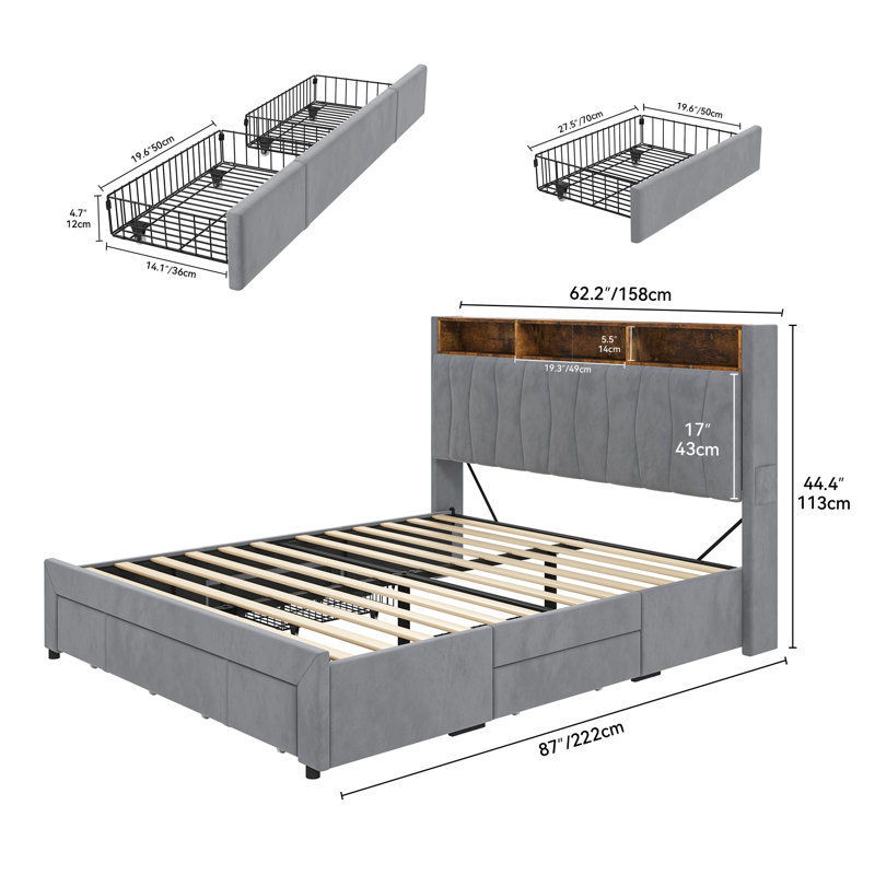 Upholstered Storage Bed with 3 Drawers & LED Light, Queen, Gray