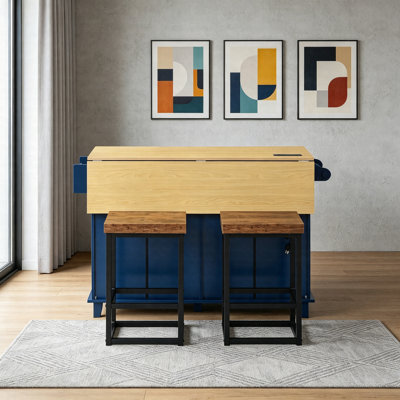 Îlot de cuisine Farmhouse avec abattant et 2 tabourets, ensemble de table de cuisine avec prise de courant, armoire de rangement, tiroirs, support à épices et barre à serviettes