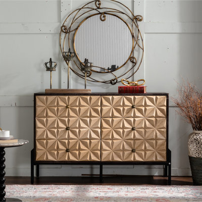 Buffet de console de style moderne du milieu du siècle, 49,27 po, 6 tiroirs, en bois massif, motif géométrique en losange 3D, pieds en métal noir, idéal pour la chambre d'enfant ou un appartement.