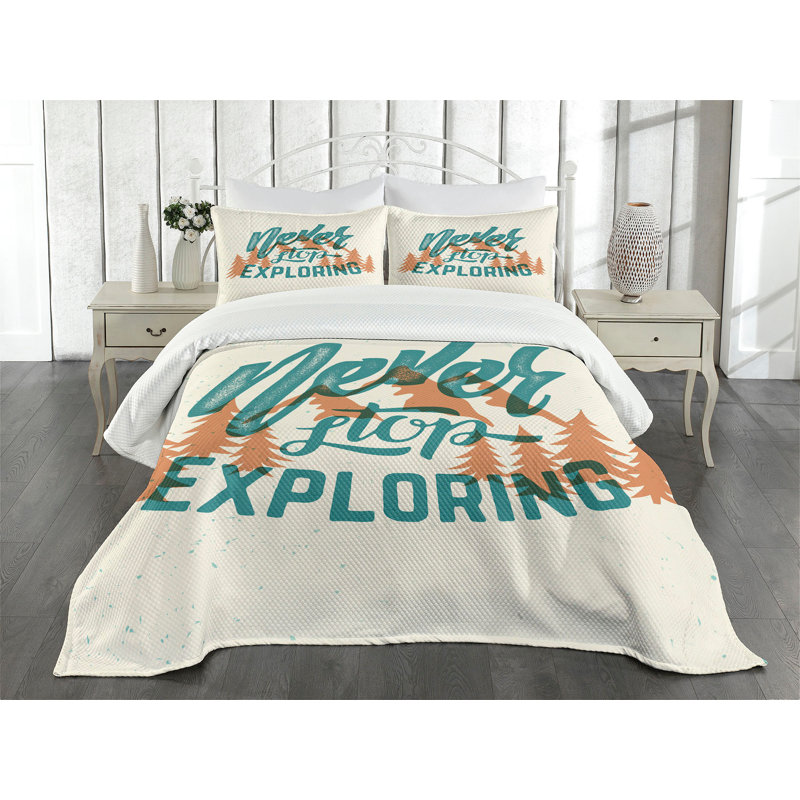 Ambesonne Explore Bedspread Set Mountain and Forest Teal Beige Burnt Orange, King Bedspread + 2 Standard Shams