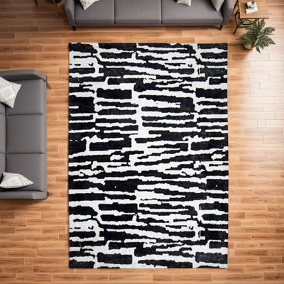 Tapis Shawn 5 x 7, polyester à motif abstrait noir et blanc, dos en coton