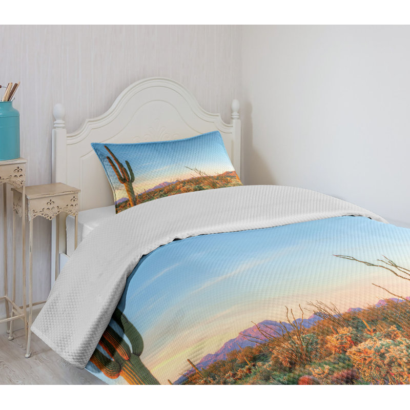 Twin White Quilted Bedspread Set with Desert Cactus Print