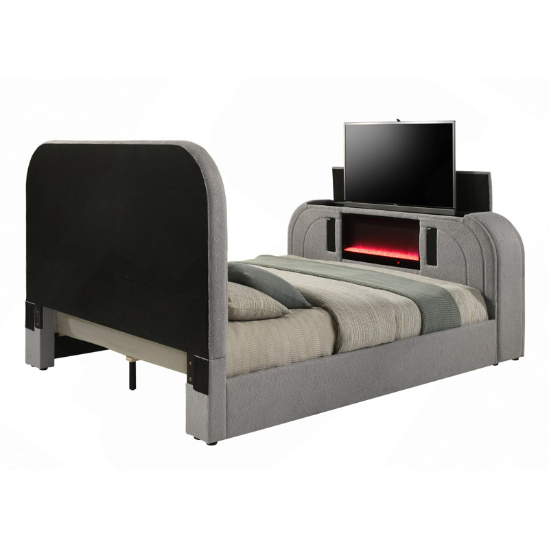 Lit en sherpa et chrome Teddy avec DEL, meuble télé, foyer et Bluetooth, Grand lit