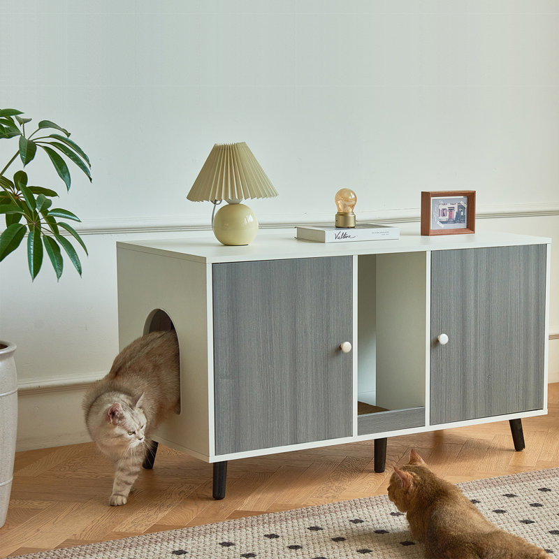 Corvese 42.5" W Manufactured Wood Double Cat Litter Box Enclosure with Scratching Pad, Gray/White
