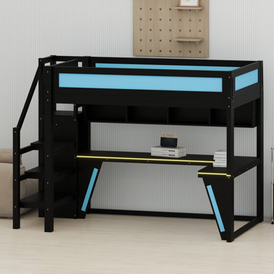 Space-Saving Loft Bed with Desk, Wardrobe, LED Lights and Built-in USB