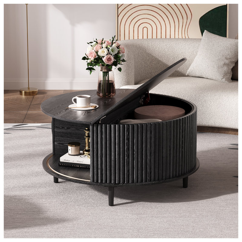 Round Coffee Table with Storage, 31.5" Black Fluted Drum Coffee Table with Sliding Door, Modern Mid-Century Circle Center Table for Living Room