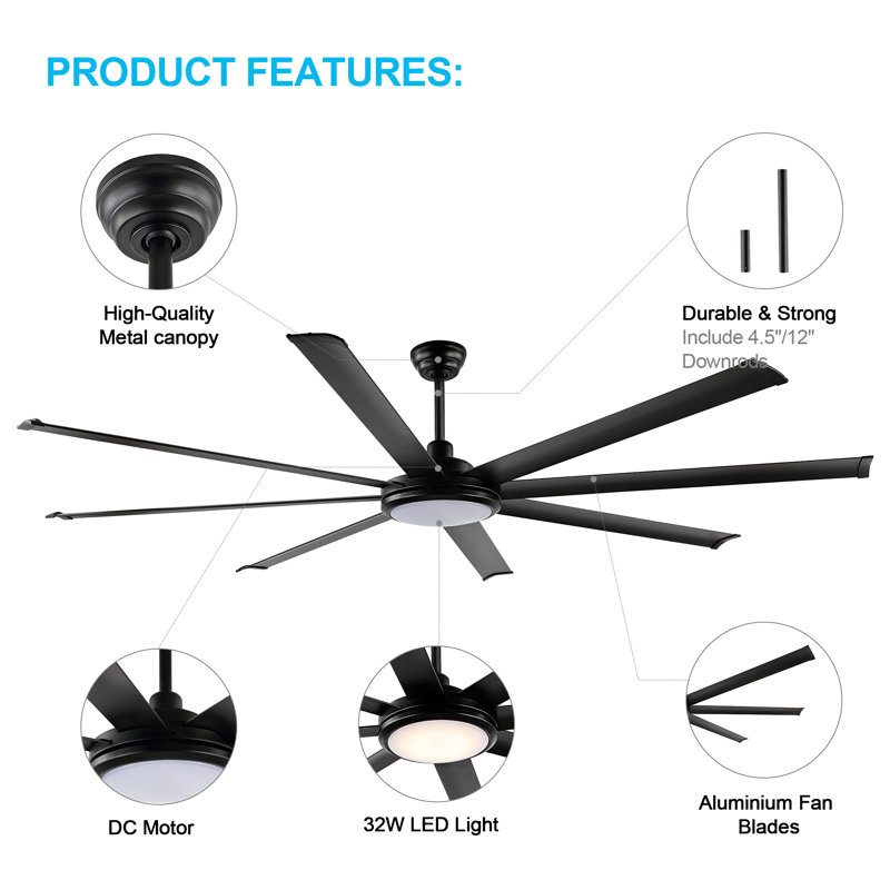 Osaze Ceiling Fan with LED Lights, 64", Black with Black Blades