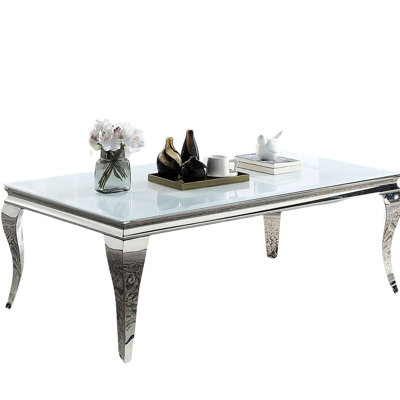 White Glass Top Coffee Table With Silver Stainless Steel Legs, Contemporary Furniture Tempered And Trendsetting Option