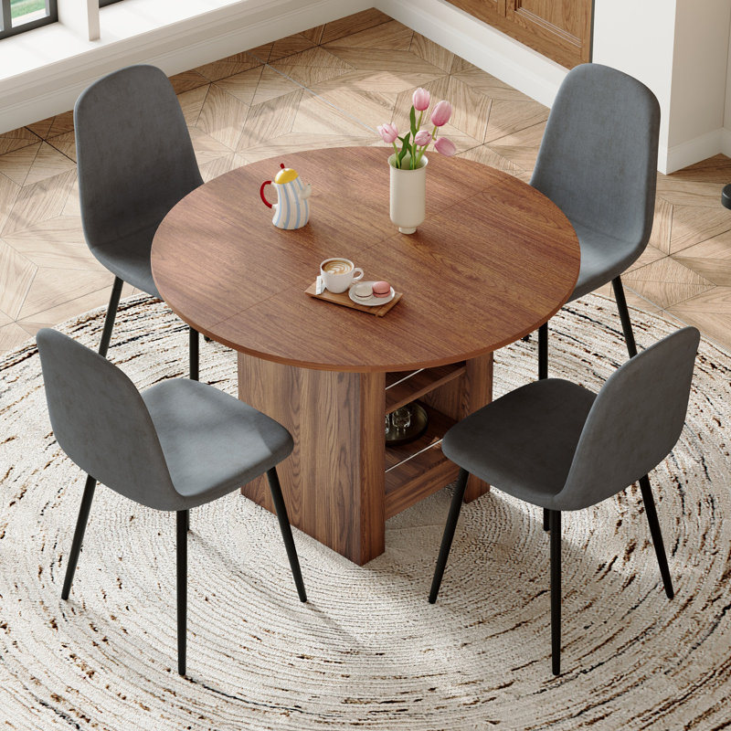 Table de salle à manger 42 "Mid-Century, Noyer, 5 pièces: table, 4 chaises, Gris foncé
