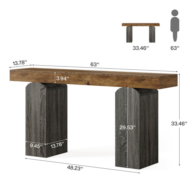 63" Long Entryway Table, Farmhouse Console Table, Brown/Dark Gray