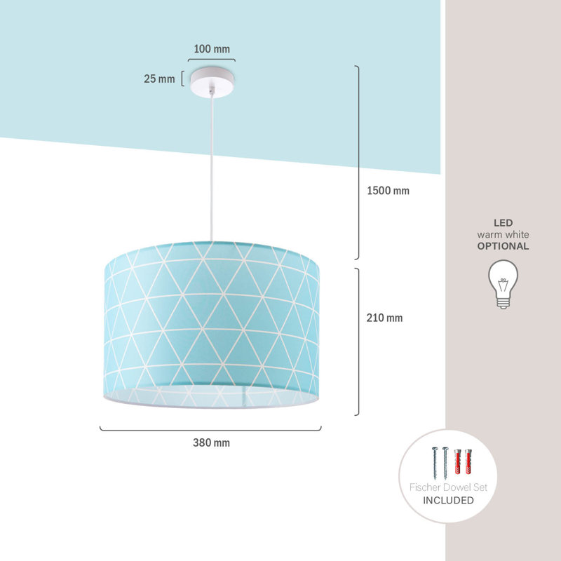 Drum pendant lamp 1-light Ishmeet, Blue/White, 21cm H x 38cm W x 38cm D