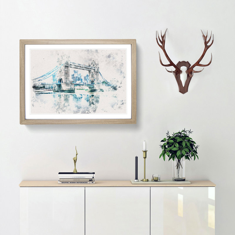 London Bridge Watercolour - Picture Frame Graphic Art Print, Oak Framed, 45cm H x 63cm W x 2cm D