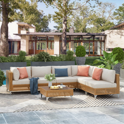 Ensemble de meubles de patio 7 pièces en osier, ensemble de conversation avec canapé modulaire avec coussins épais résistants à l'eau et table basse pour canapé d'extérieur, porche, cour - beige