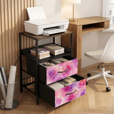 Table de chevet avec station de recharge, 2 tiroirs, ports USB et prises électriques, tablette ouverte, noire, motif marbre rose et violet, idéale pour la chambre ou le salon.