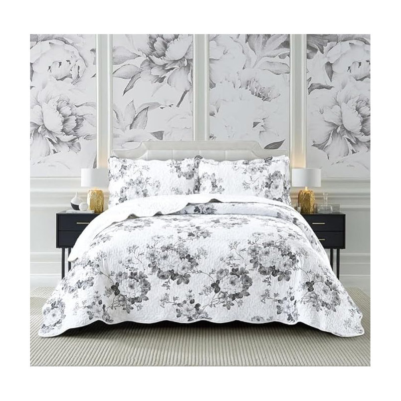 Andrena Microfiber Bedspread with Pillow Shams, Single Bedspread + 1 Standard Pillow Sham, Floral, Grey